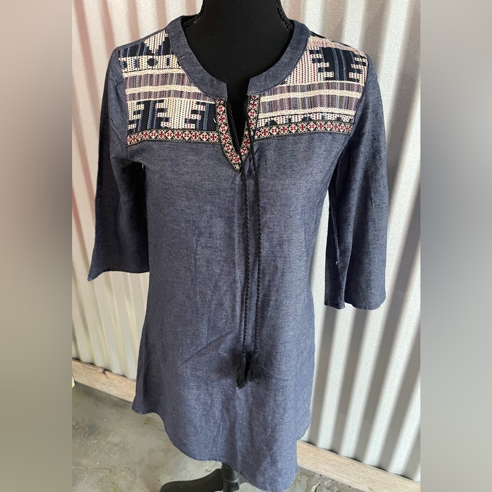 Flying Tomato Aztec Boho Chambray Embroidered 3/4 Sleeve Dress Size Small Petite - Picture 2 of 6